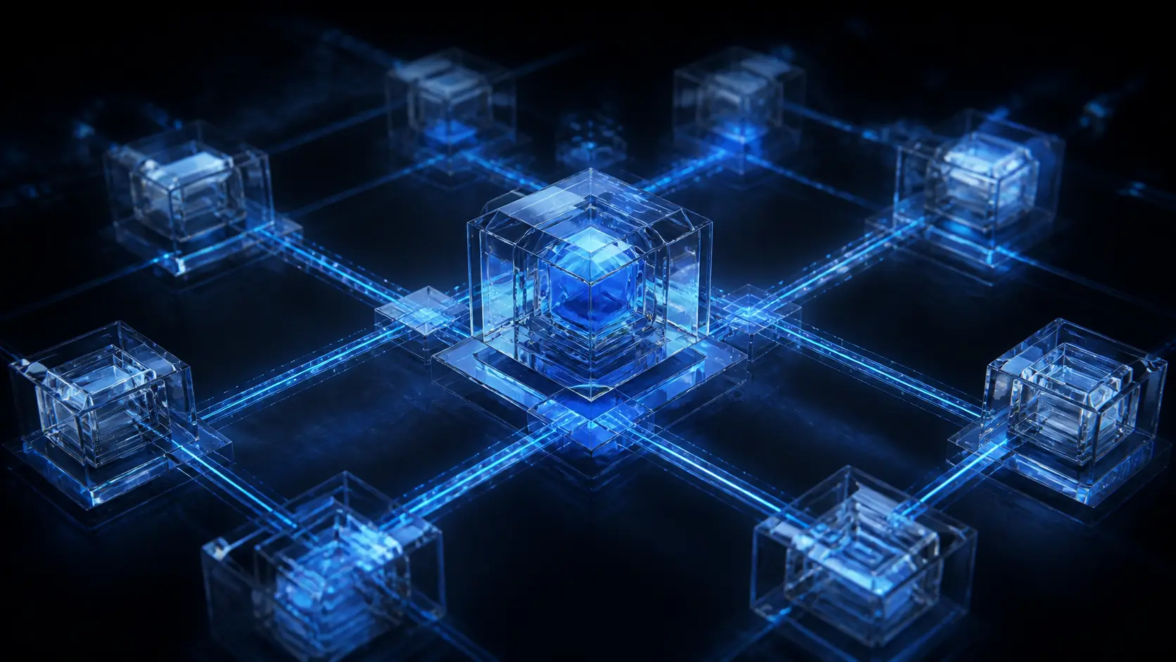 A luminous network of glass blocks representing blockchain infrastructure