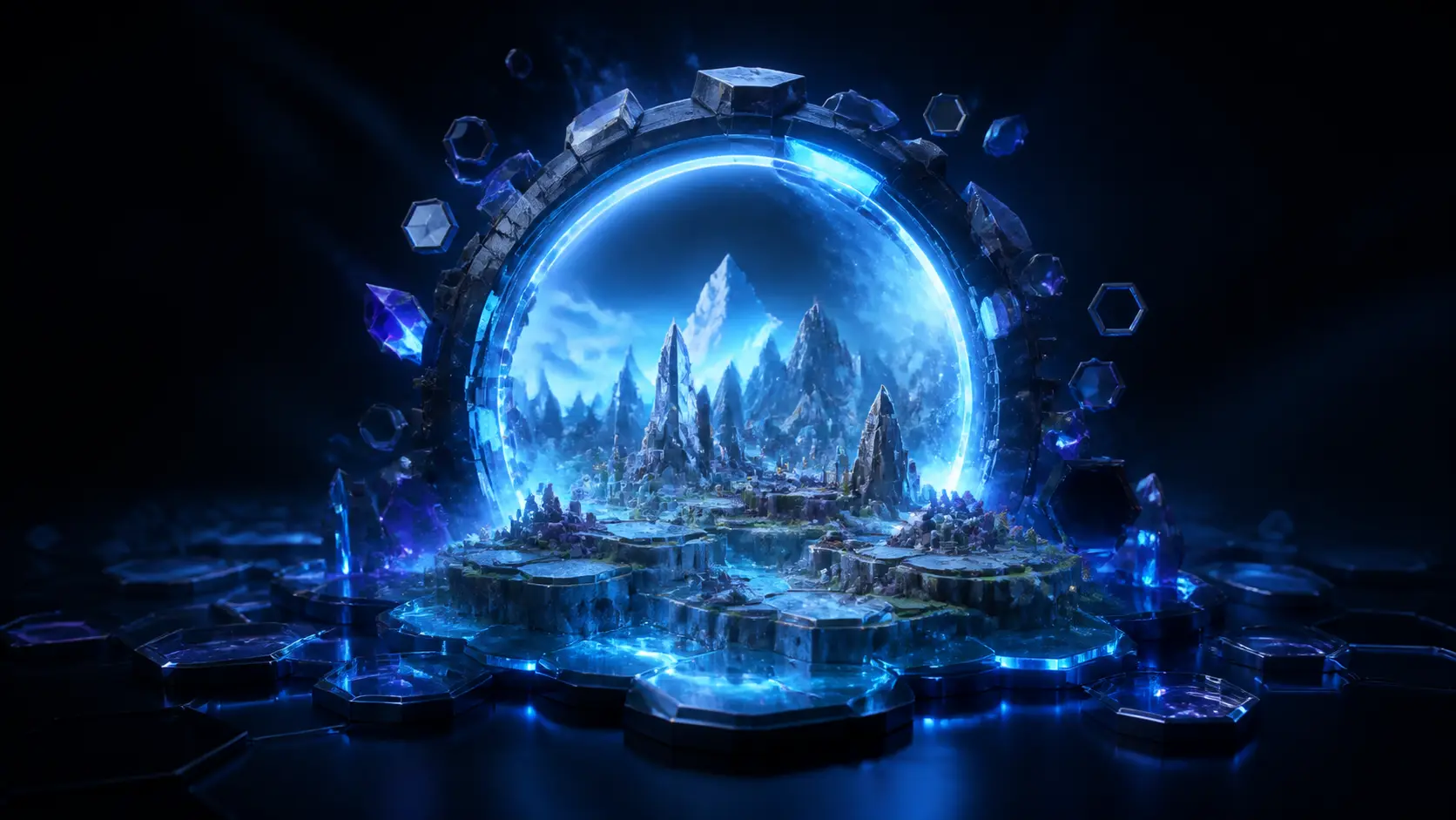 A glowing portal opening onto a faceted digital fantasy world