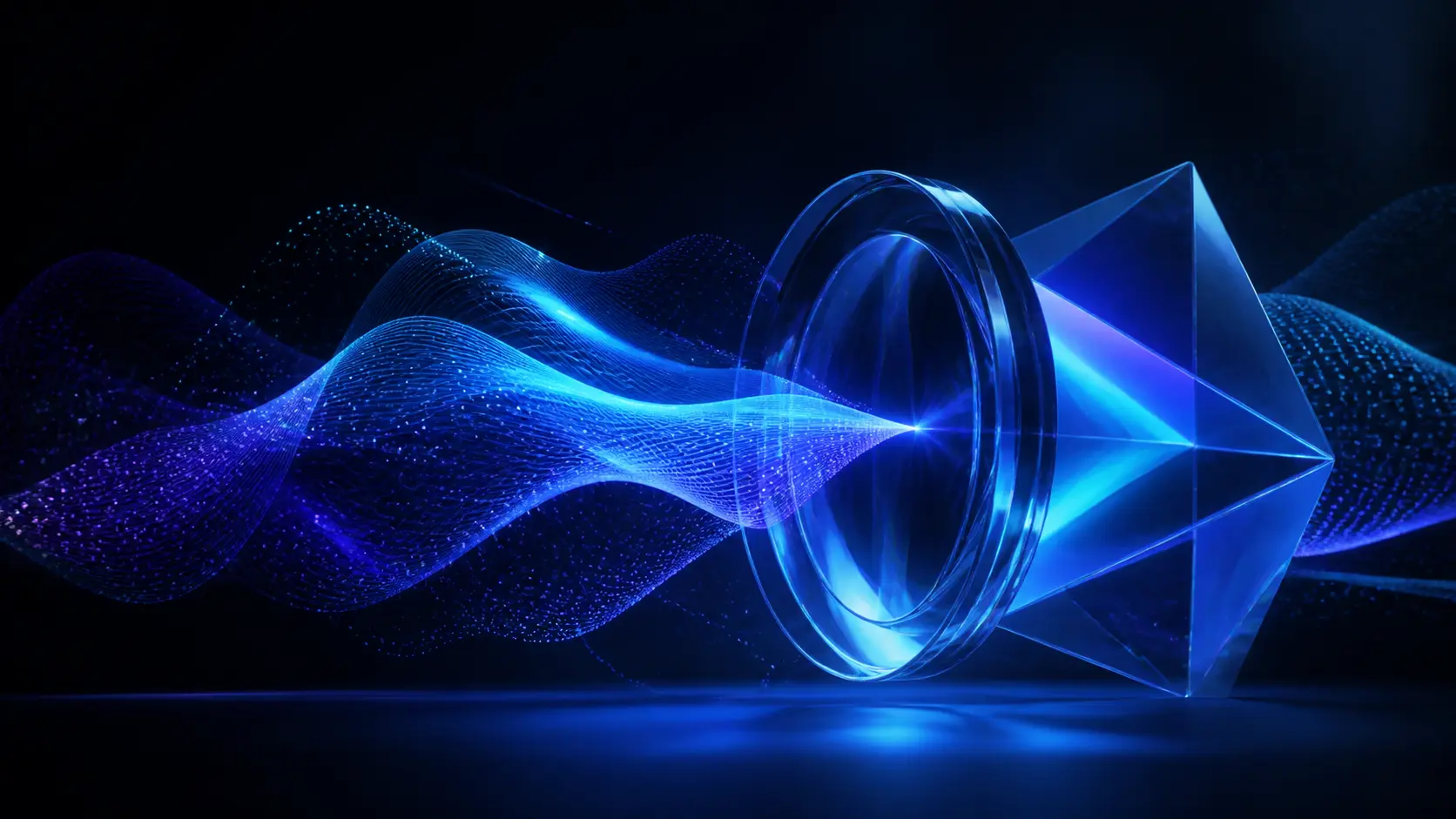 Flowing blue and violet waves passing through a glass prism