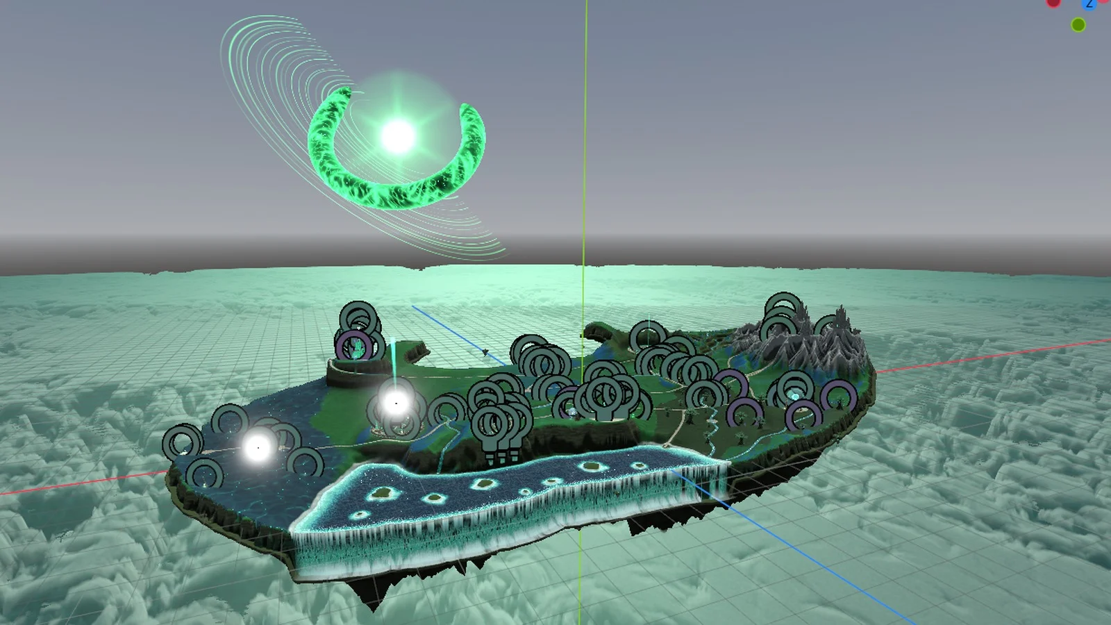 Editor view of the Viridian Tauri overworld: a floating island with forests, mountains and a waterfall edge, ringed by green marker icons, under a glowing green toroid ring in the sky.