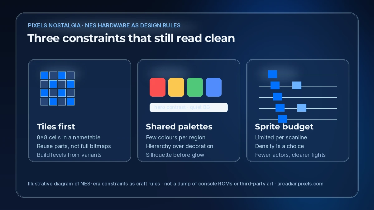 Diagram of NES-style constraints: 8 by 8 tiles, limited shared palettes and a sprite scanline budget
