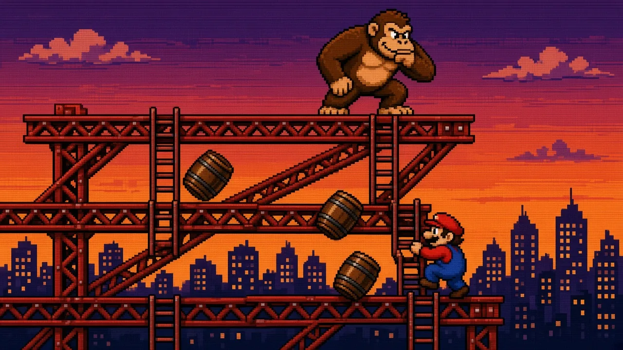 NES-style girders and ape platformer scene with barrels and ladders, illustrating readable staging under sprite density pressure