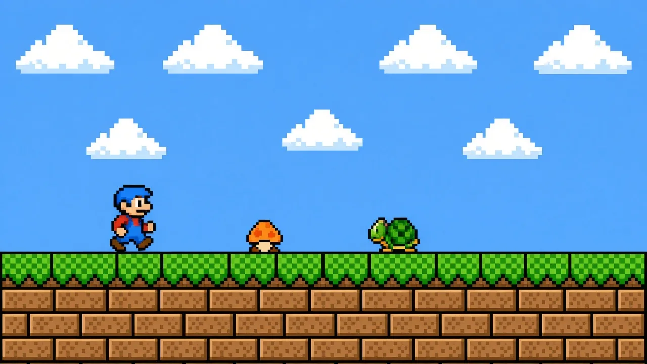 NES-style tilemap platformer scene with a small hero on repeating grass and brick tiles, showing clear silhouette hierarchy against a tiled sky