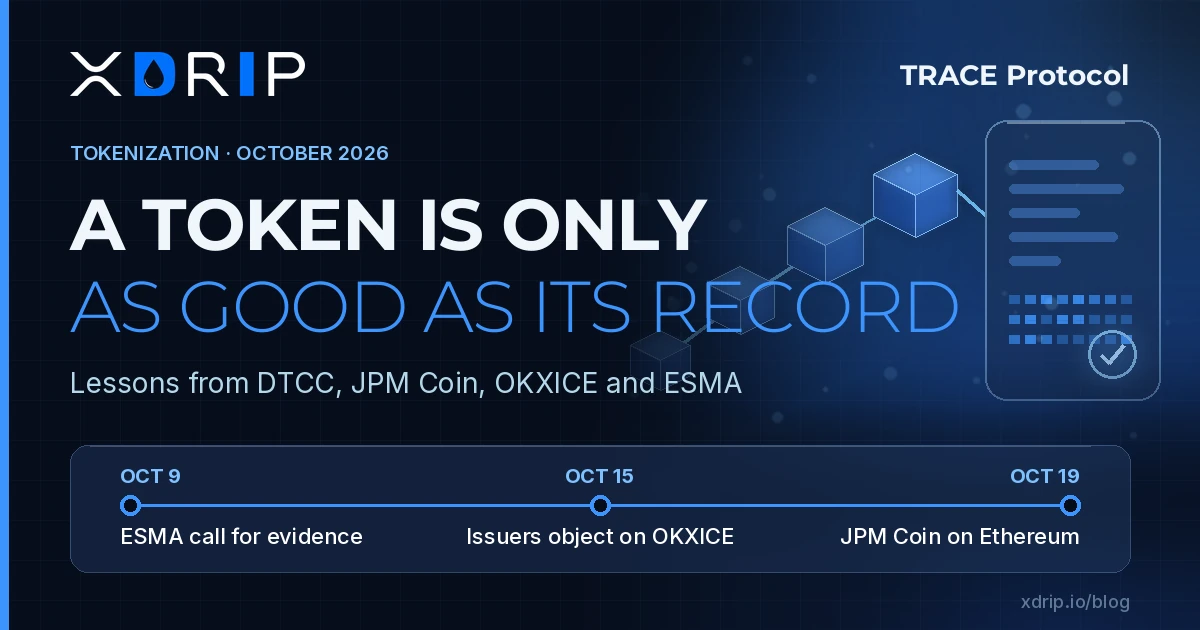 XDRIP and TRACE Protocol card: A token is only as good as its record, with a timeline of ESMA's call for evidence (9 Oct), issuer objections on OKXICE (15 Oct) and JPM Coin on Ethereum (19 Oct).