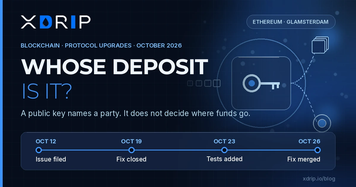 XDRIP card: Whose deposit is it? A public key names a party, it does not decide where funds go. Timeline: issue filed 12 October, fix closed 19 October, tests added 23 October, fix merged 26 October.