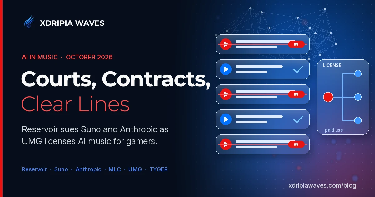 Xdripia Waves AI cover: frosted glass track rows on a dark dotted canvas, three struck through in red with copyright tags and two marked with blue checks, beside a glass license panel branching one red node into three blue ones, with the headline Courts, Contracts, Clear Lines