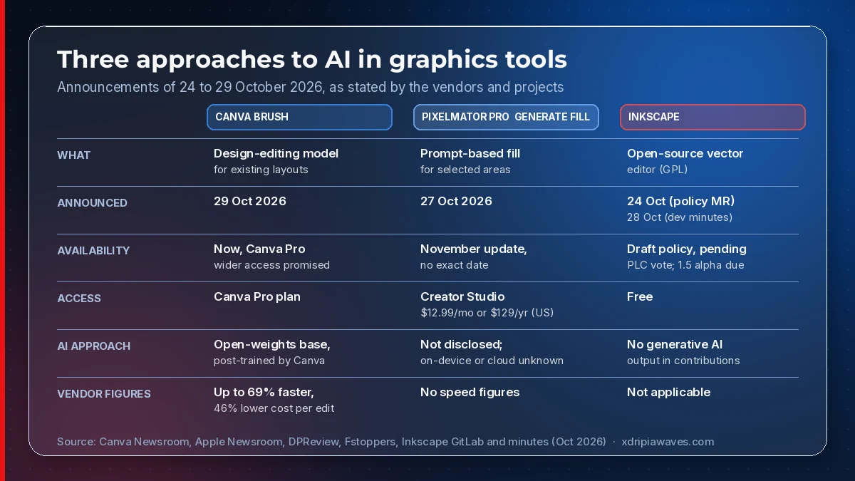 Comparison table of three graphics tools announced between 24 and 29 October 2026. Canva Brush: generative design-editing model, available now for Canva Pro subscribers, built on an open-weights base model post-trained by Canva Research, vendor-reported up to 69 percent faster and 46 percent lower cost per edit than Canva's previous design agent. Pixelmator Pro Generate Fill: prompt-based fill for selected image areas, due in November as a free update in Apple Creator Studio at 12.99 US dollars per month or 129 per year, model and processing location not disclosed. Inkscape: free open-source vector editor, draft policy rejecting any generative AI output in contributions, pending a Project Leadership Committee vote, with the 1.5 alpha in preparation.