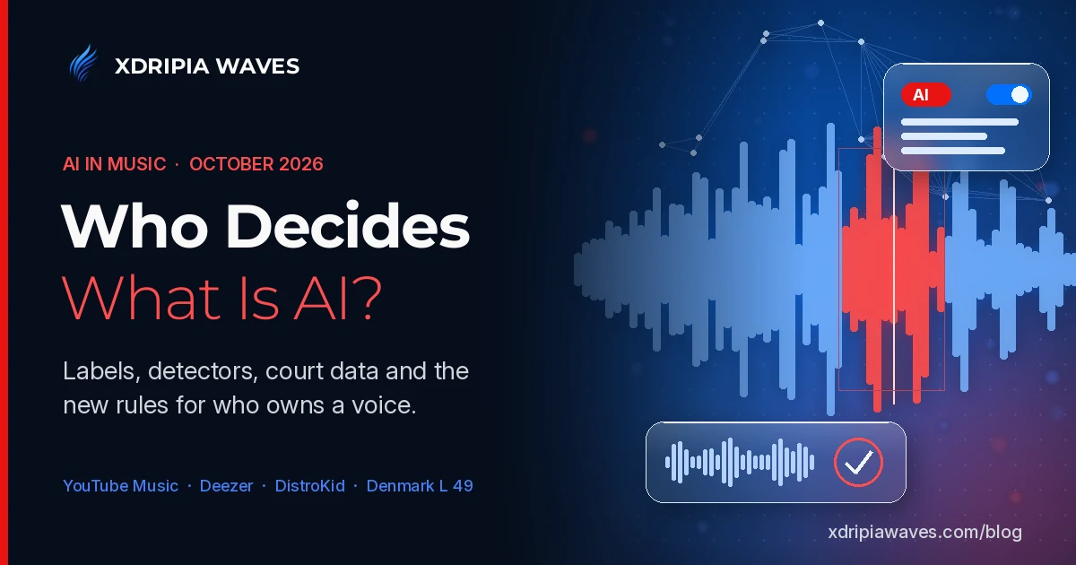 Xdripia Waves AI cover: a glowing audio waveform with a red segment under a scanning line, a frosted glass AI label panel with a toggle, a voice-print consent panel and a neural mesh on a dark dotted canvas, with the headline Who Decides What Is AI?