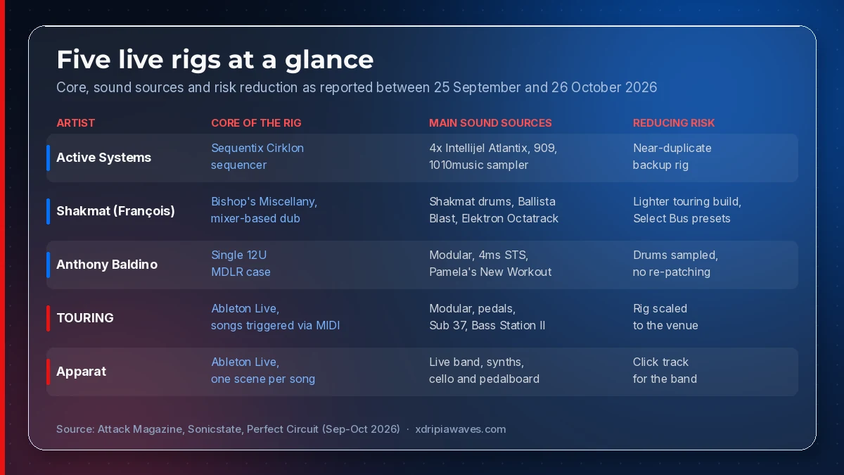 Comparison table of five live rigs covered in this article: Active Systems, Shakmat's François, Anthony Baldino, TOURING and Apparat, showing for each the core of the rig, the main sound sources and the approach to reducing risk, as reported between September 25 and October 26, 2026
