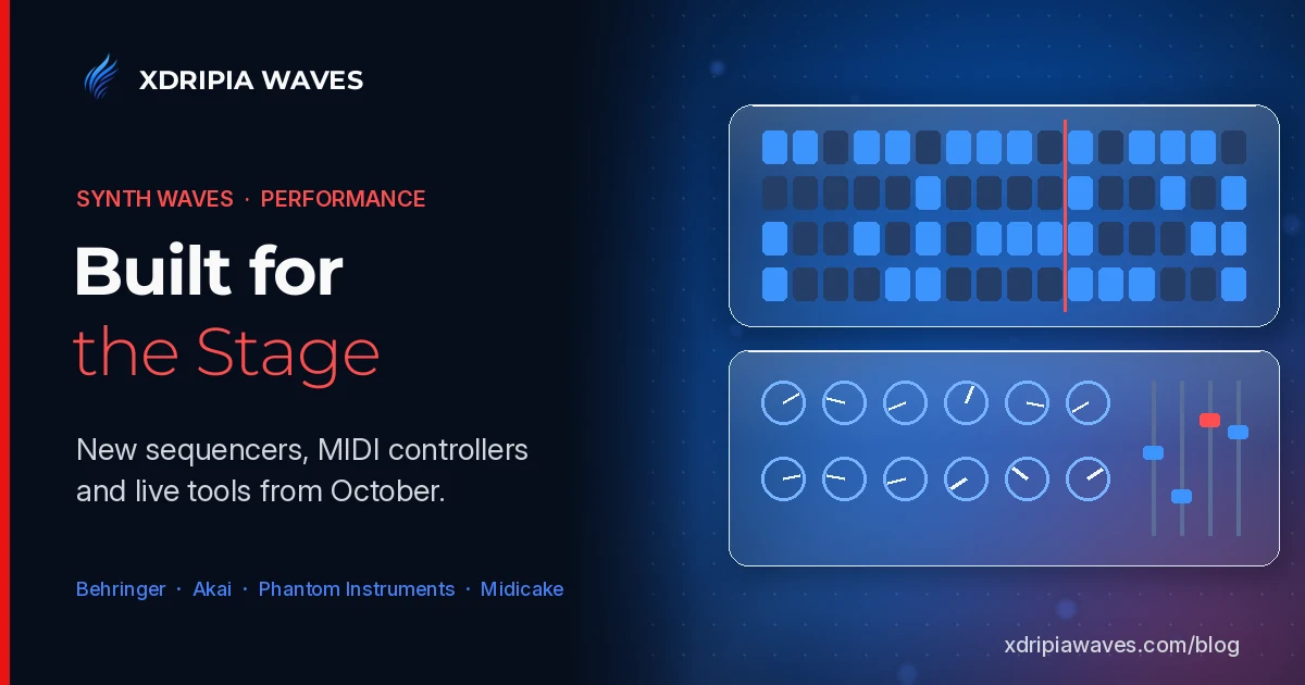 Xdripia Waves Synth Waves cover: a frosted glass panel with a four-row step sequencer grid of blue and dark steps crossed by a red playhead, above a glass controller panel with two rows of knobs and four faders on a dark blue canvas, with the headline Built for the Stage
