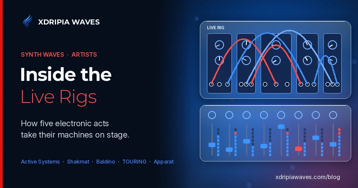 Xdripia Waves Synth Waves cover: Inside the Live Rigs, with a glass modular panel with patch cables and a glass mixer panel on a dark blue background