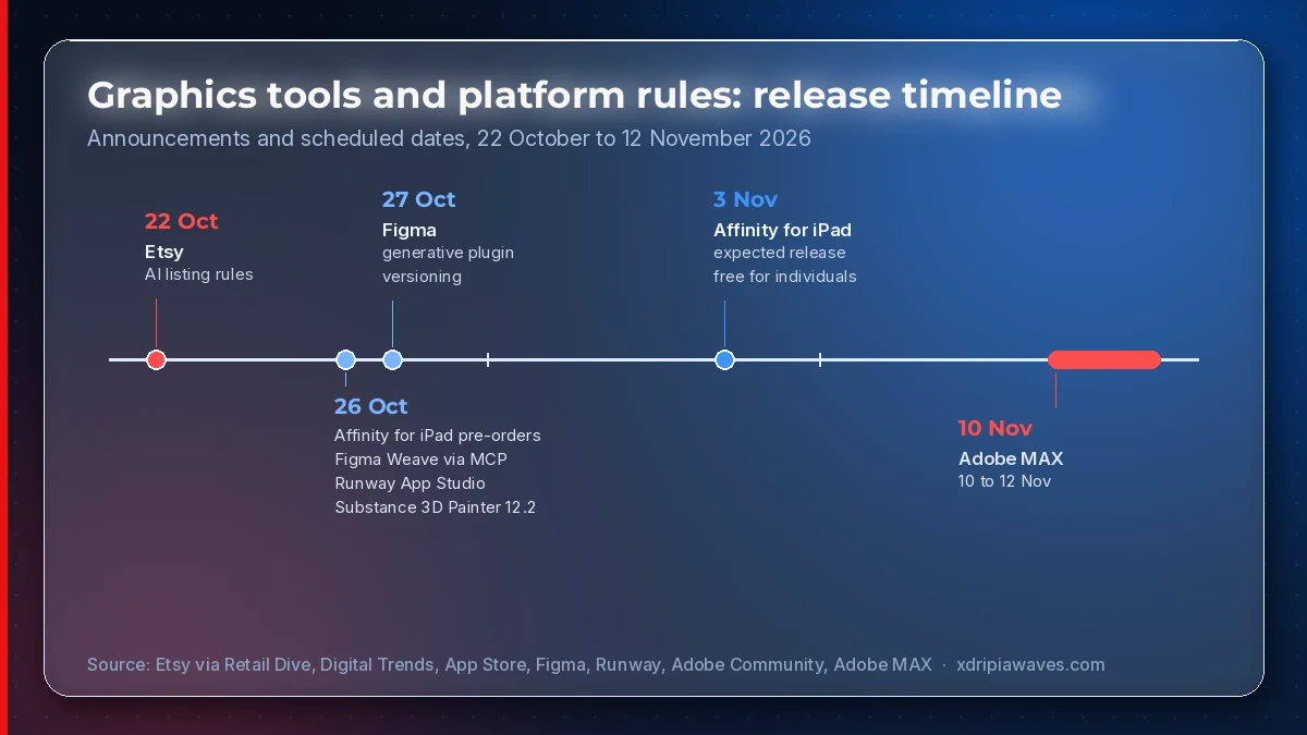Timeline of graphics tool releases and policy changes from 22 October to 12 November 2026: Etsy AI listing rules on 22 October; Affinity for iPad pre-orders, Figma Weave via MCP, Runway App Studio and Substance 3D Painter 12.2 on 26 October; Figma generative plugin versioning on 27 October; Affinity for iPad expected on 3 November; Adobe MAX from 10 to 12 November
