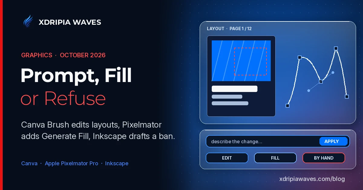 Xdripia Waves Graphics cover: on a dark dotted canvas, a frosted glass panel shows a layout page with a blue image block partly framed by a red dashed selection marquee and placeholder text lines, beside a white vector path with square nodes and a bezier handle; below, a glass prompt bar reads describe the change with an Apply button and three chips labelled Edit, Fill and By hand, next to the headline Prompt, Fill or Refuse