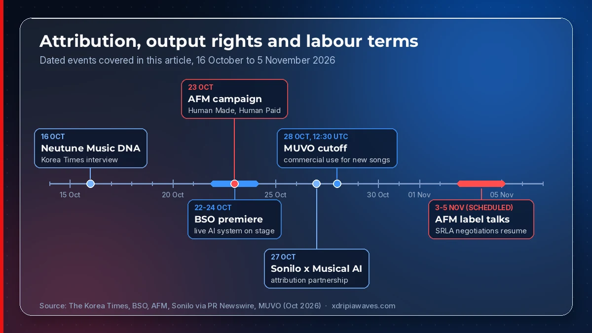 Timeline of AI music attribution and rights events from 16 October to 5 November 2026: Neutune Music DNA interview on 16 October, Boston Symphony Orchestra premiere with a live AI system on 22 to 24 October, AFM Human Made, Human Paid announcement on 23 October, Sonilo and Musical AI attribution partnership on 27 October, MUVO commercial-use cutoff on 28 October at 12:30 UTC, and AFM label negotiations resuming on 3 to 5 November