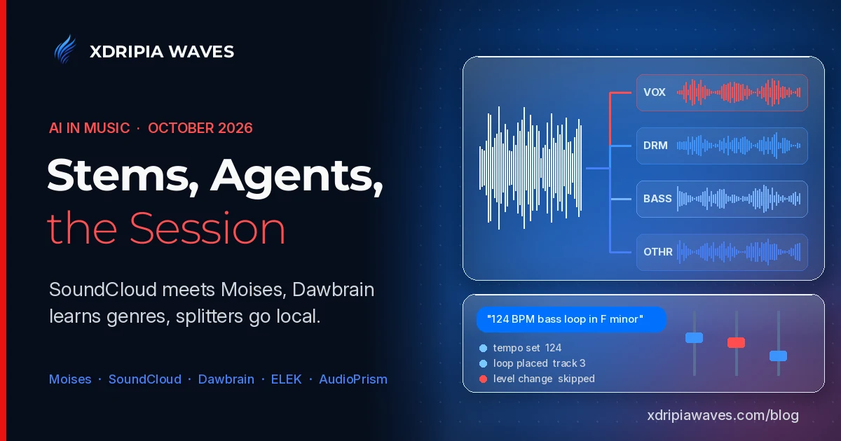 Xdripia Waves AI cover: a frosted glass panel on a dark dotted canvas where one white mixed waveform branches into four coloured stem lanes labelled VOX, DRM, BASS and OTHR, above a glass assistant panel with a blue chat bubble asking for a 124 BPM bass loop in F minor, an action log and three faders, beside the headline Stems, Agents, the Session