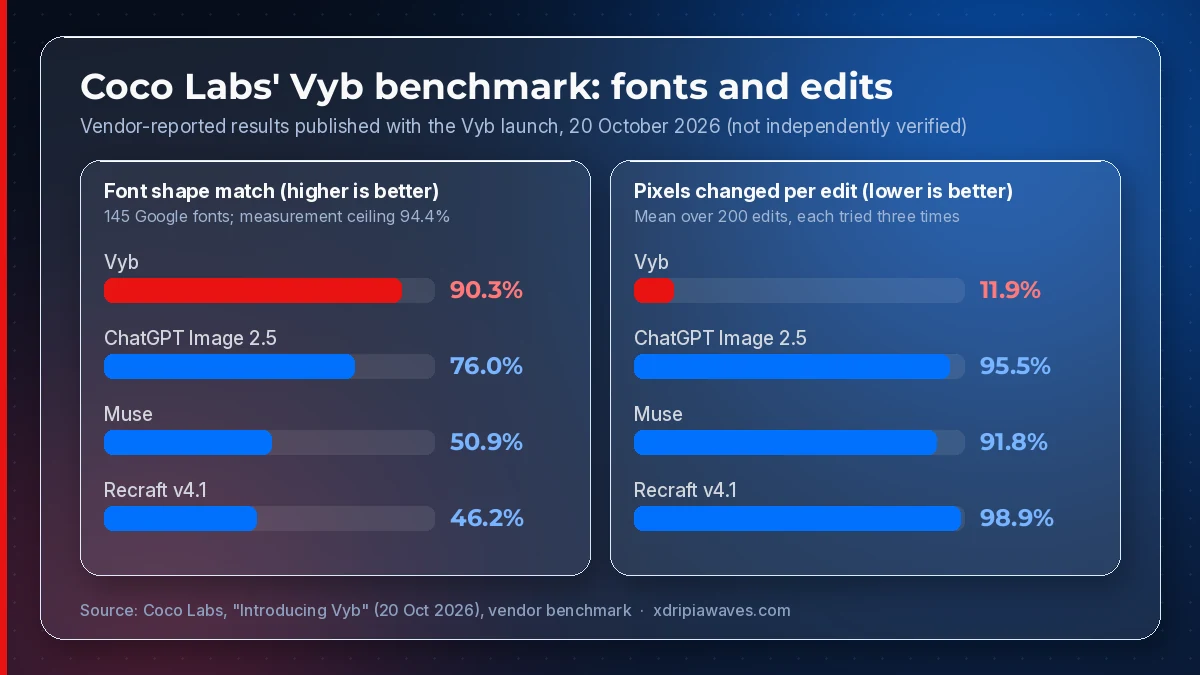 Bar chart in a glass panel showing Coco Labs' own Vyb benchmark from 20 October 2026. Font shape match on 145 Google fonts: Vyb 90.3%, ChatGPT Image 2.5 76.0%, Muse 50.9%, Recraft v4.1 46.2%, with a measurement ceiling of 94.4%. Share of pixels changed per edit, mean over 200 edits: Vyb 11.9%, ChatGPT Image 2.5 95.5%, Muse 91.8%, Recraft v4.1 98.9%.